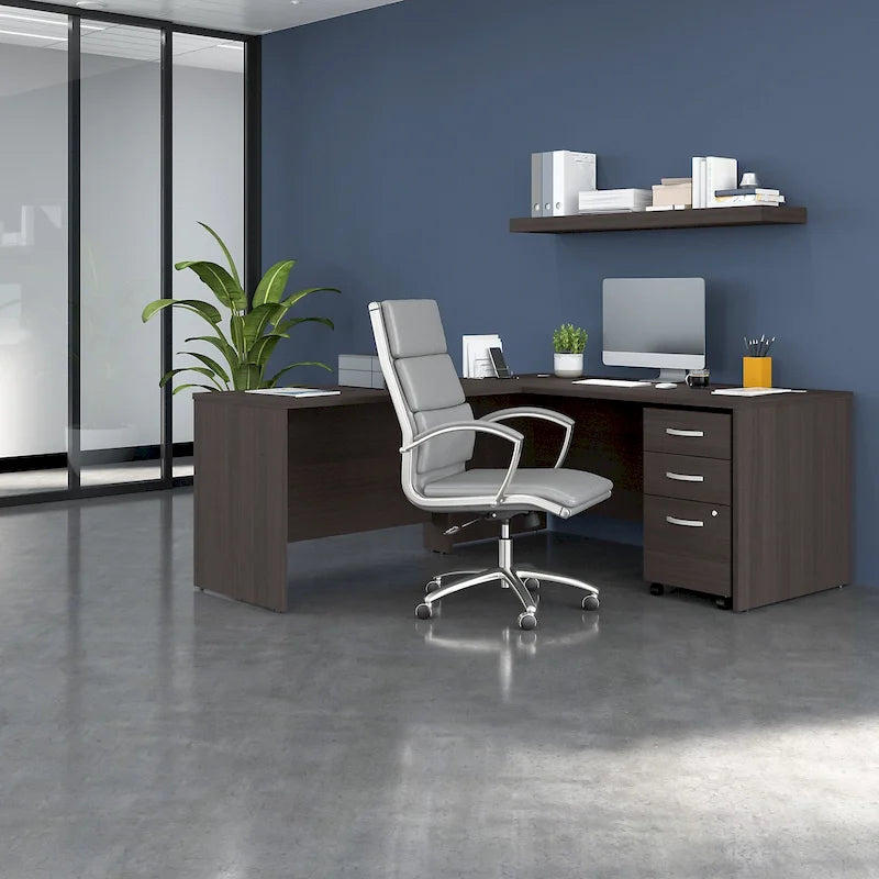 Bureau d'angle avec retour et caisson à roulettes gris orage et blanc