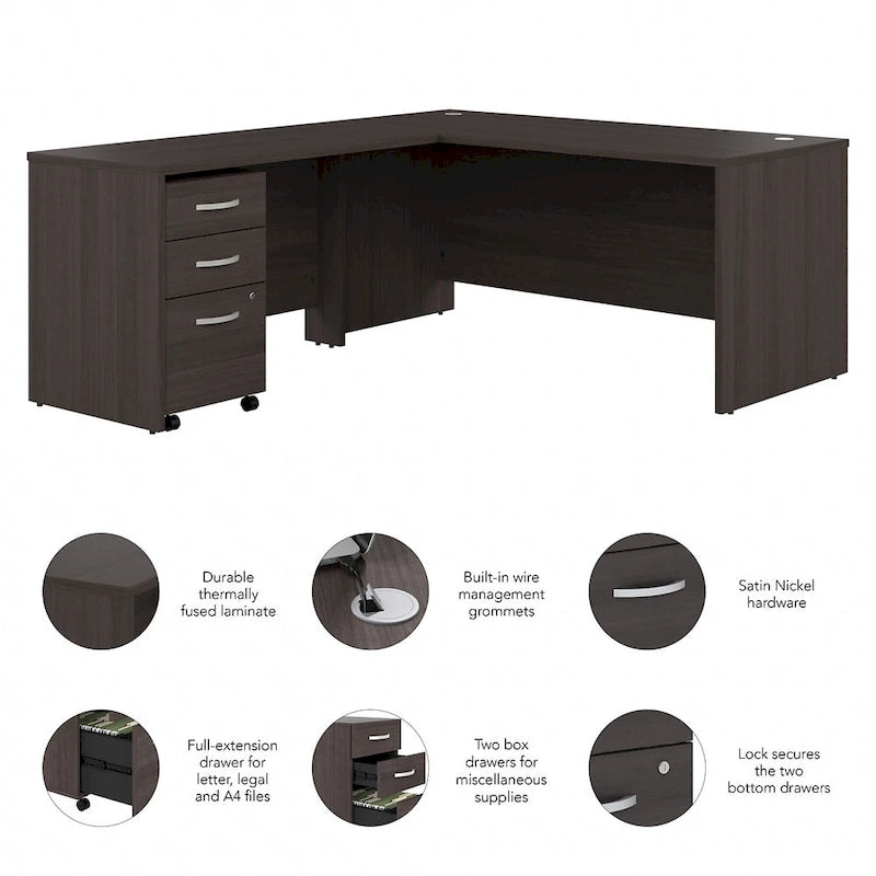 Bureau d'angle avec retour et caisson à roulettes gris orage et blanc
