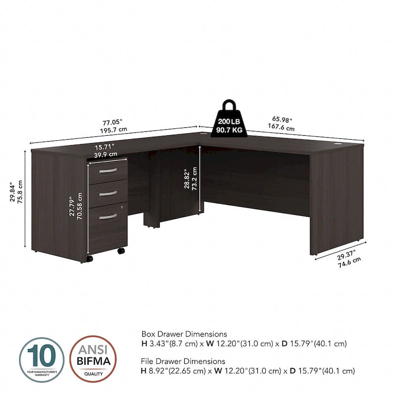 Bureau d'angle avec retour et caisson à roulettes gris orage et blanc