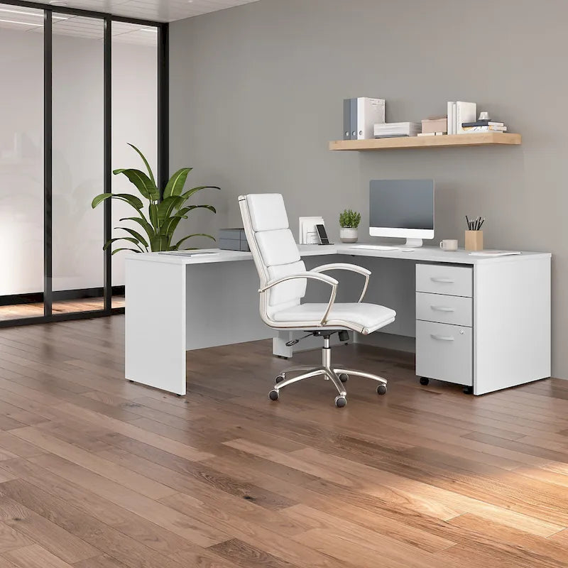 Bureau d'angle avec retour et caisson à roulettes gris orage et blanc