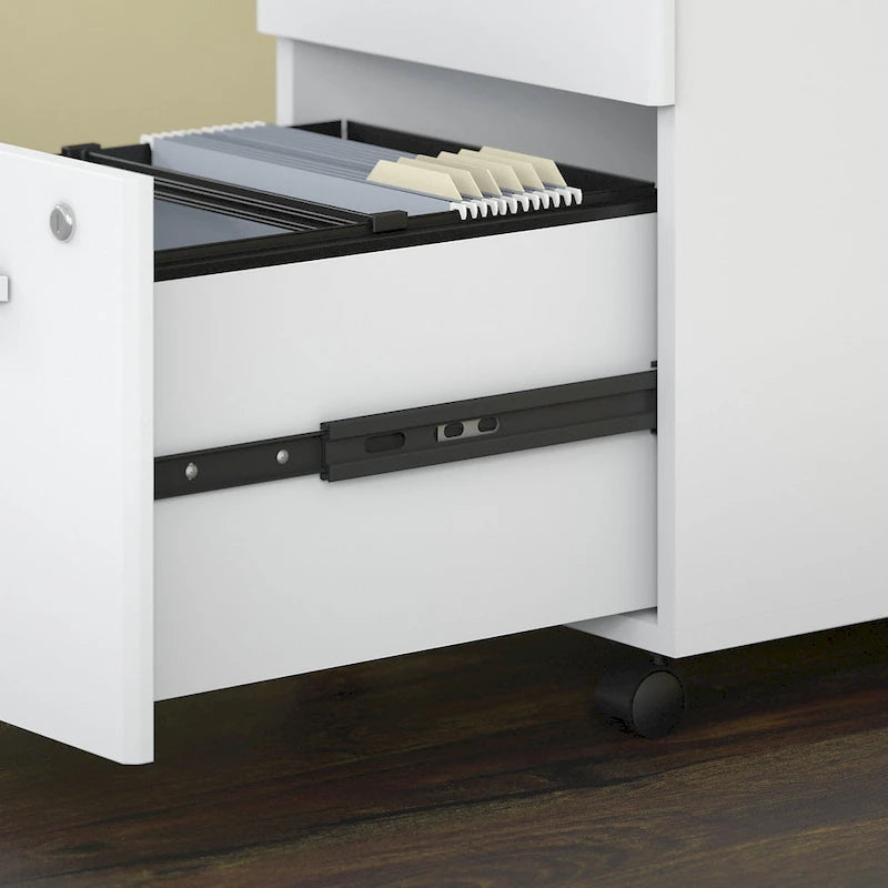 Bureau d'angle avec retour et caisson à roulettes gris orage et blanc