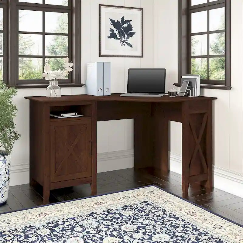54W Corner Computer Desk with Storage Cabinet and Open Cubby, Bing Cherry