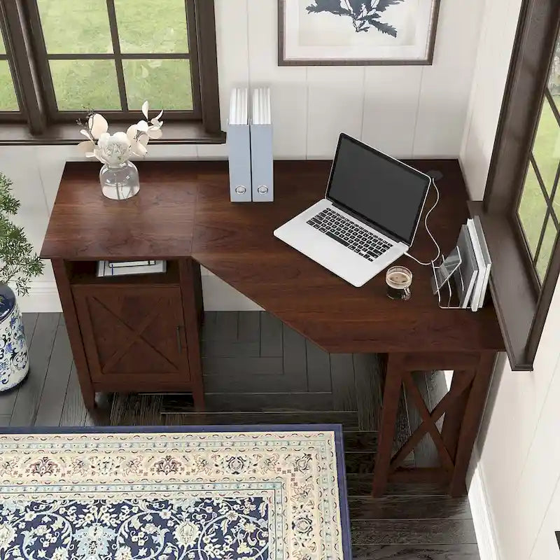54W Corner Computer Desk with Storage Cabinet and Open Cubby, Bing Cherry