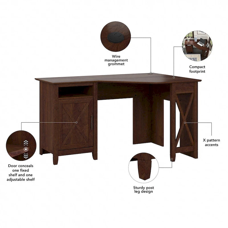 54W Corner Computer Desk with Storage Cabinet and Open Cubby, Bing Cherry