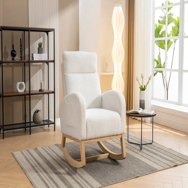 Ivory Upholstered Rocking Chair with Wooden Frame and Soft Cushioning