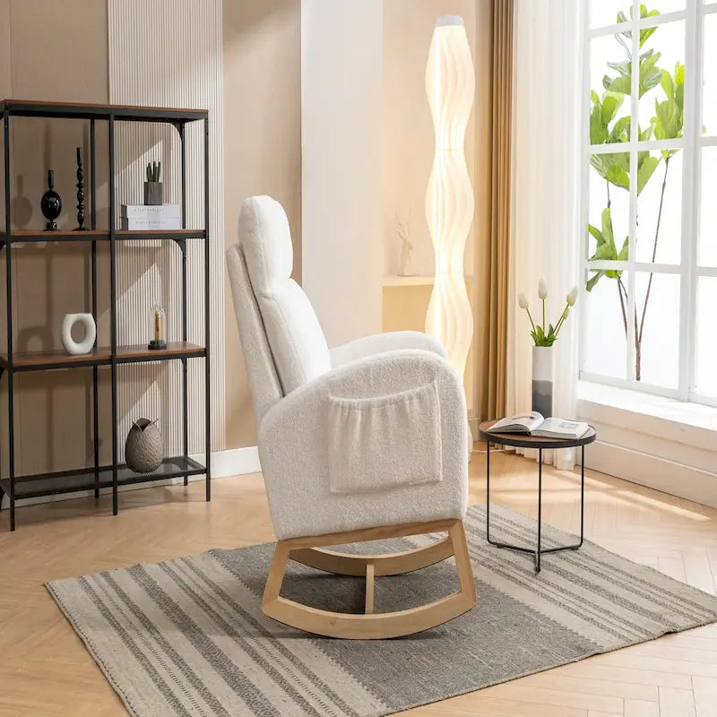 Ivory Upholstered Rocking Chair with Wooden Frame and Soft Cushioning
