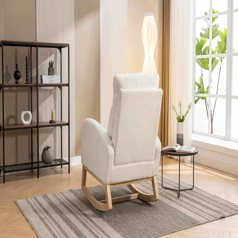 Ivory Upholstered Rocking Chair with Wooden Frame and Soft Cushioning