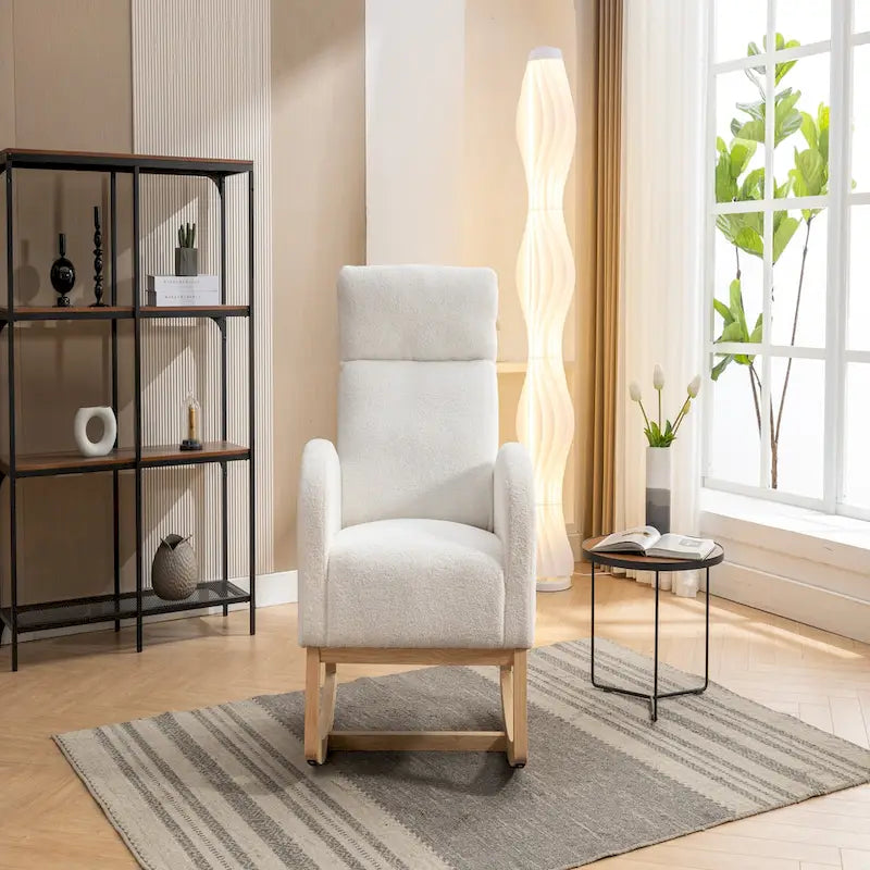 Ivory Upholstered Rocking Chair with Wooden Frame and Soft Cushioning