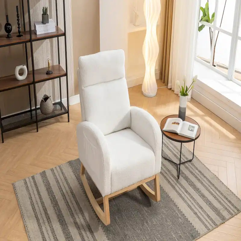 Ivory Upholstered Rocking Chair with Wooden Frame and Soft Cushioning