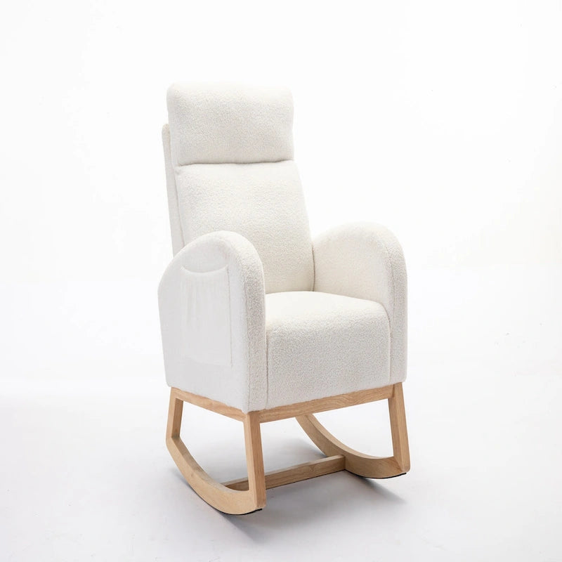 Ivory Upholstered Rocking Chair with Wooden Frame and Soft Cushioning