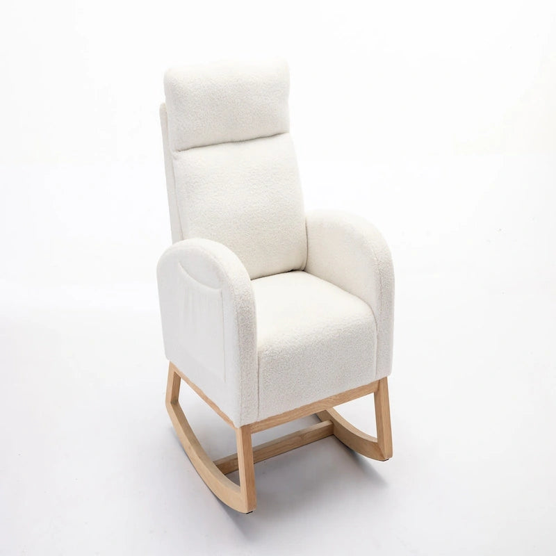 Ivory Upholstered Rocking Chair with Wooden Frame and Soft Cushioning