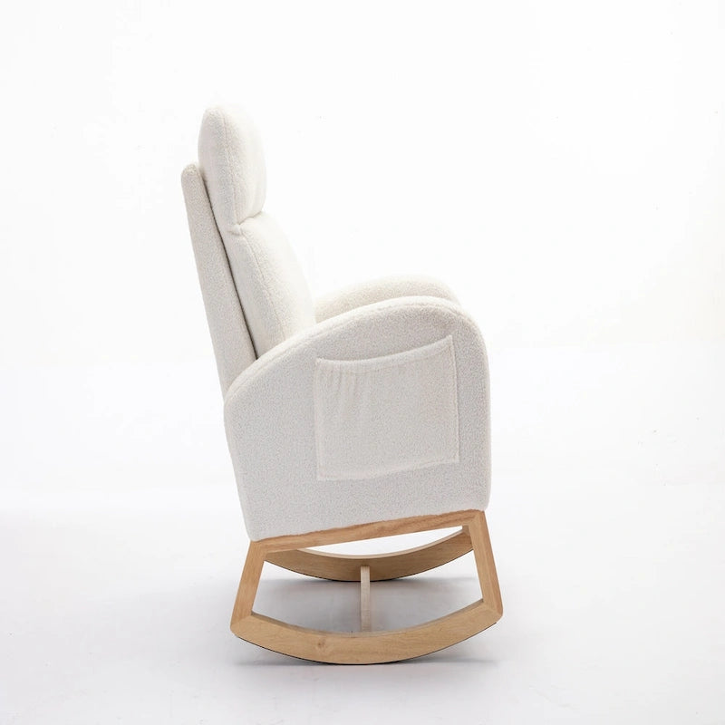 Ivory Upholstered Rocking Chair with Wooden Frame and Soft Cushioning