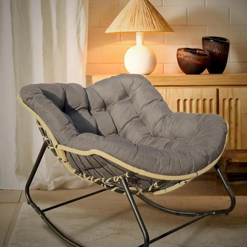 Rattan Woven Rocking Lounge Chair with Cushion Cream Beige