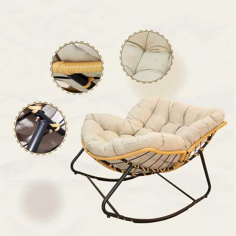 Rattan Woven Rocking Lounge Chair with Cushion Cream Beige