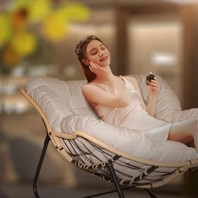 Rattan Woven Rocking Lounge Chair with Cushion Cream Beige