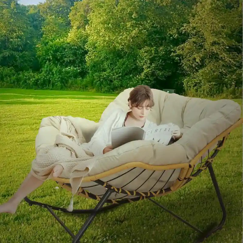 Rattan Woven Rocking Lounge Chair with Cushion Cream Beige