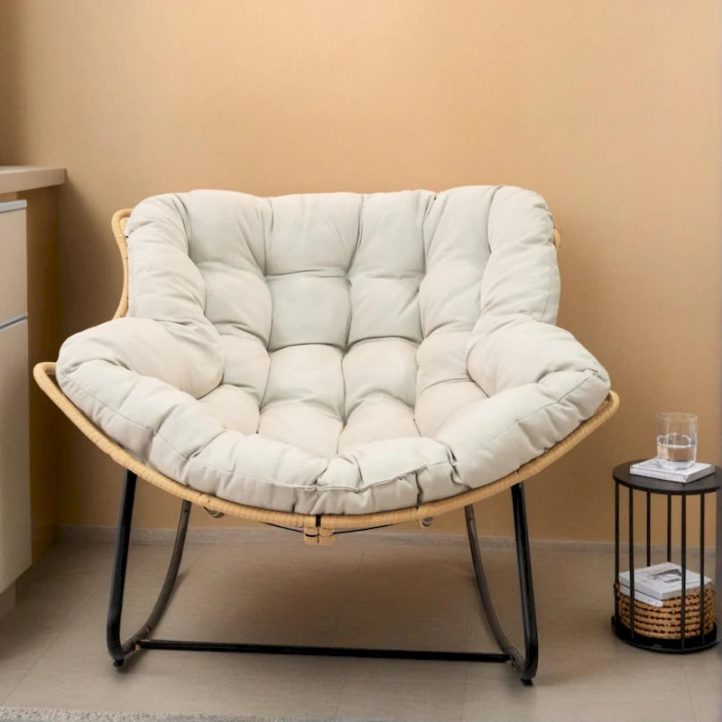 Rattan Woven Rocking Lounge Chair with Cushion Cream Beige