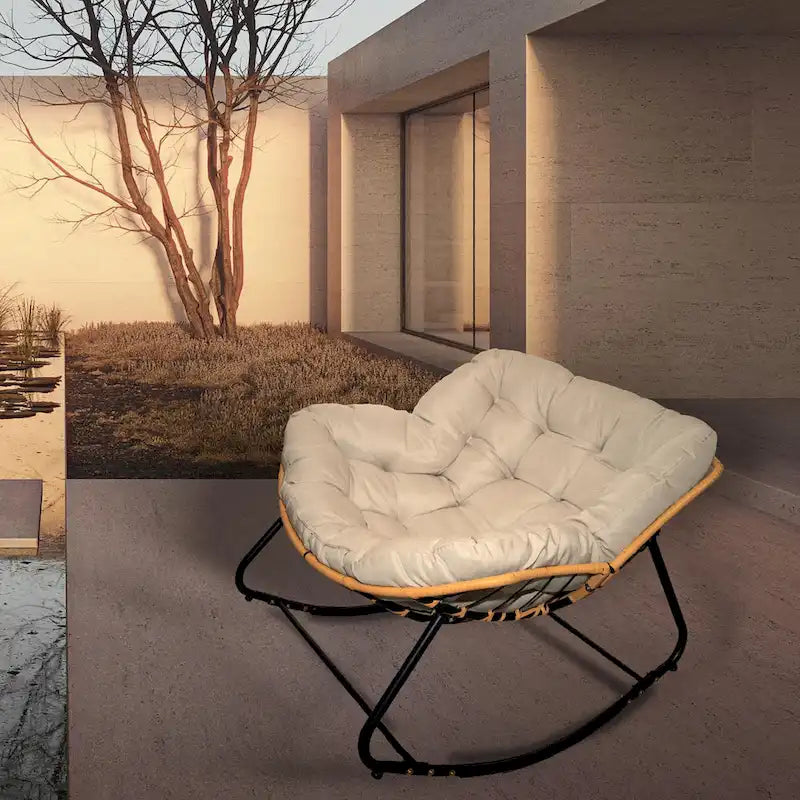 Rattan Woven Rocking Lounge Chair with Cushion Cream Beige