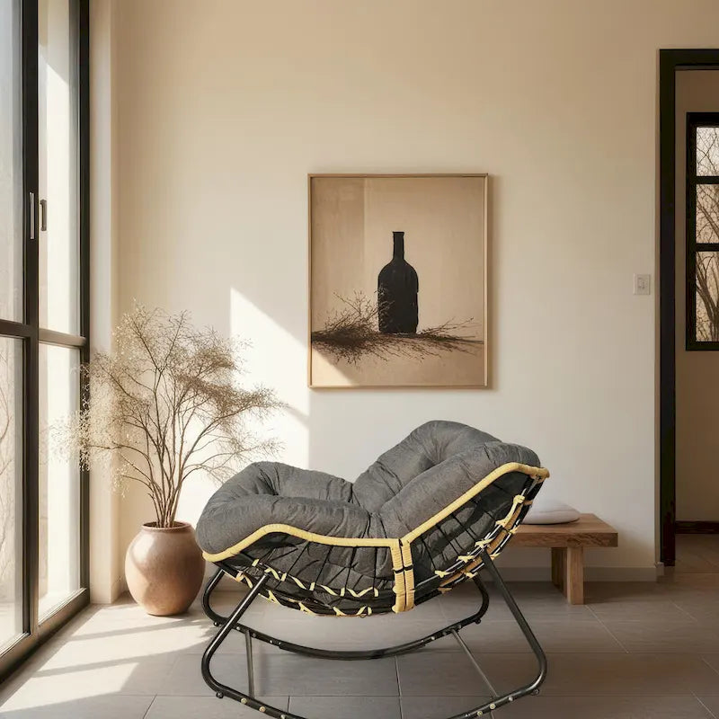 Rattan Woven Rocking Lounge Chair with Cushion Cream Beige
