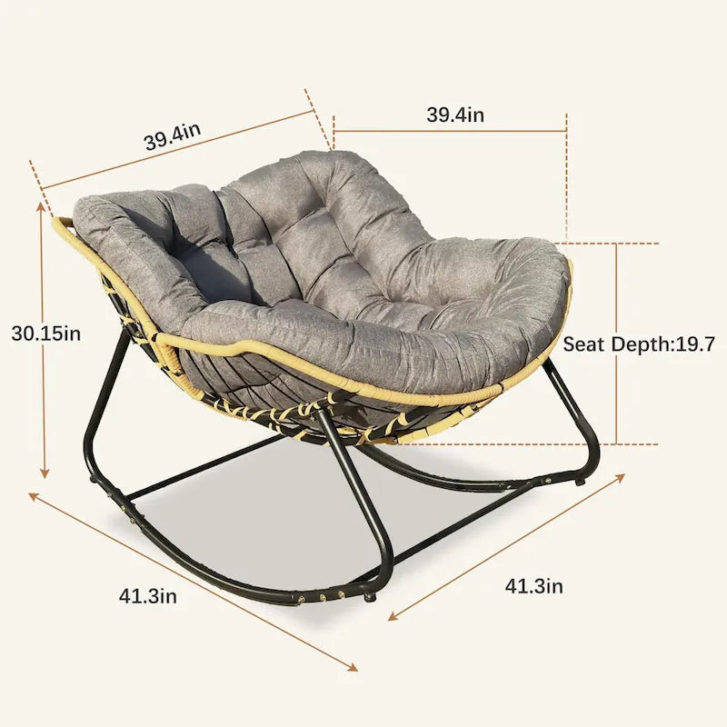 Rattan Woven Rocking Lounge Chair with Cushion Cream Beige