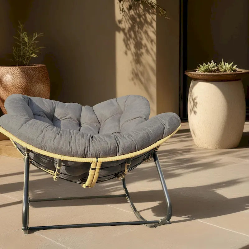 Rattan Woven Rocking Lounge Chair with Cushion Cream Beige