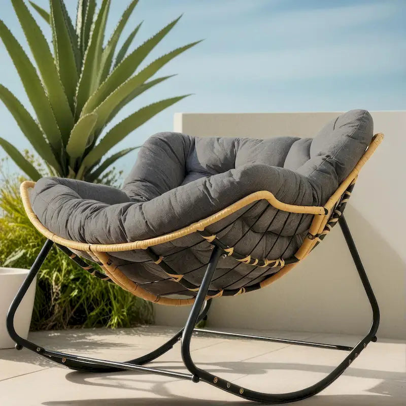 Rattan Woven Rocking Lounge Chair with Cushion Cream Beige