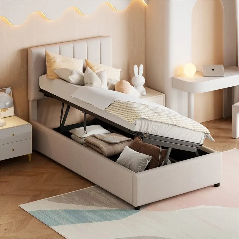 Lit plateforme capitonné double avec rangement relevable hydraulique et tête de lit beige gris