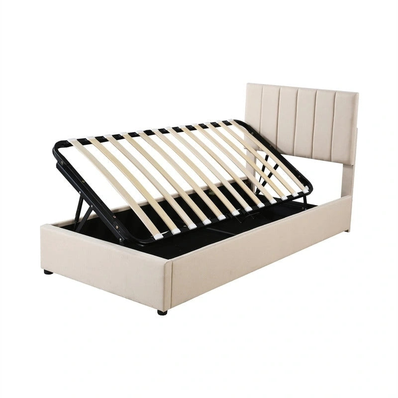 Lit plateforme capitonné double avec rangement relevable hydraulique et tête de lit beige gris