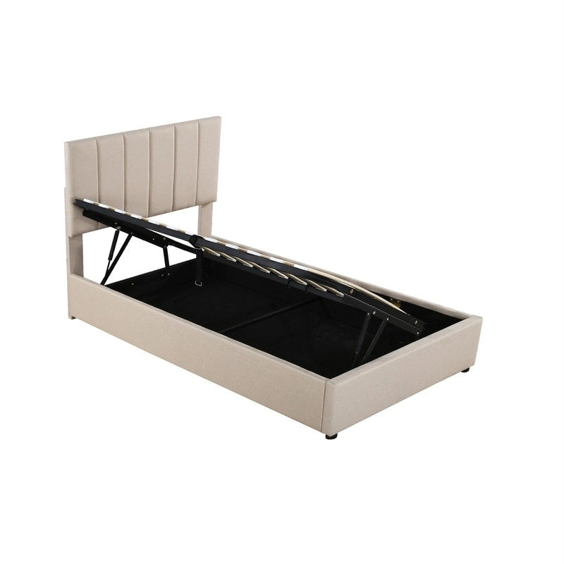 Lit plateforme capitonné double avec rangement relevable hydraulique et tête de lit beige gris