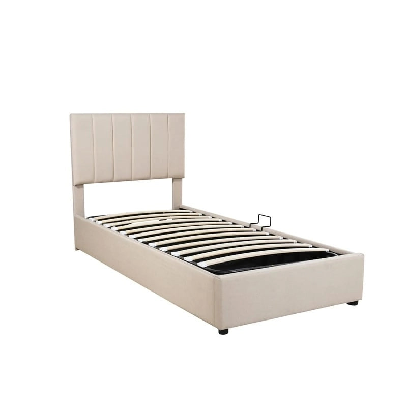 Lit plateforme capitonné double avec rangement relevable hydraulique et tête de lit beige gris