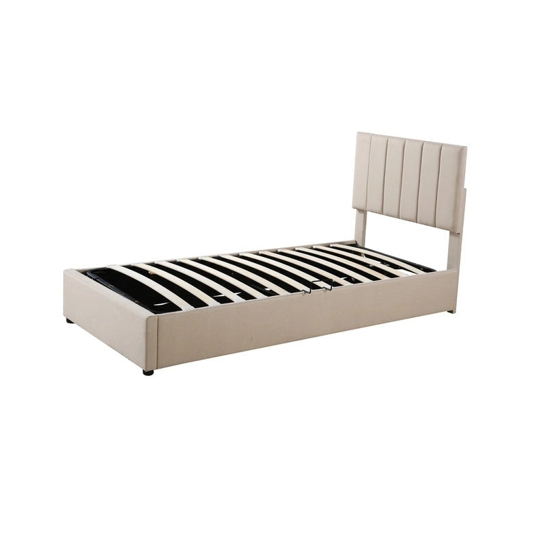 Lit plateforme capitonné double avec rangement relevable hydraulique et tête de lit beige gris