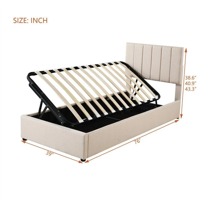 Lit plateforme capitonné double avec rangement relevable hydraulique et tête de lit beige gris