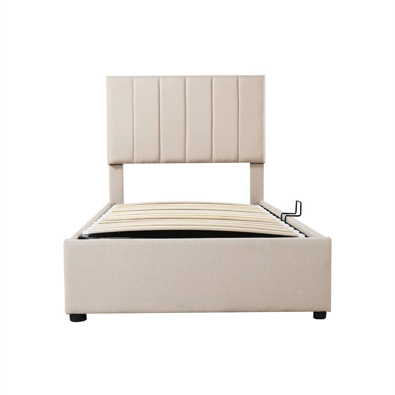 Lit plateforme capitonné double avec rangement relevable hydraulique et tête de lit beige gris