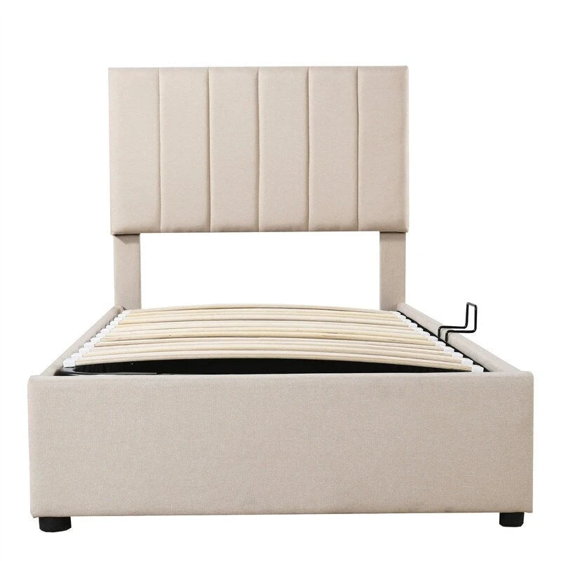 Lit plateforme capitonné double avec rangement relevable hydraulique et tête de lit beige gris