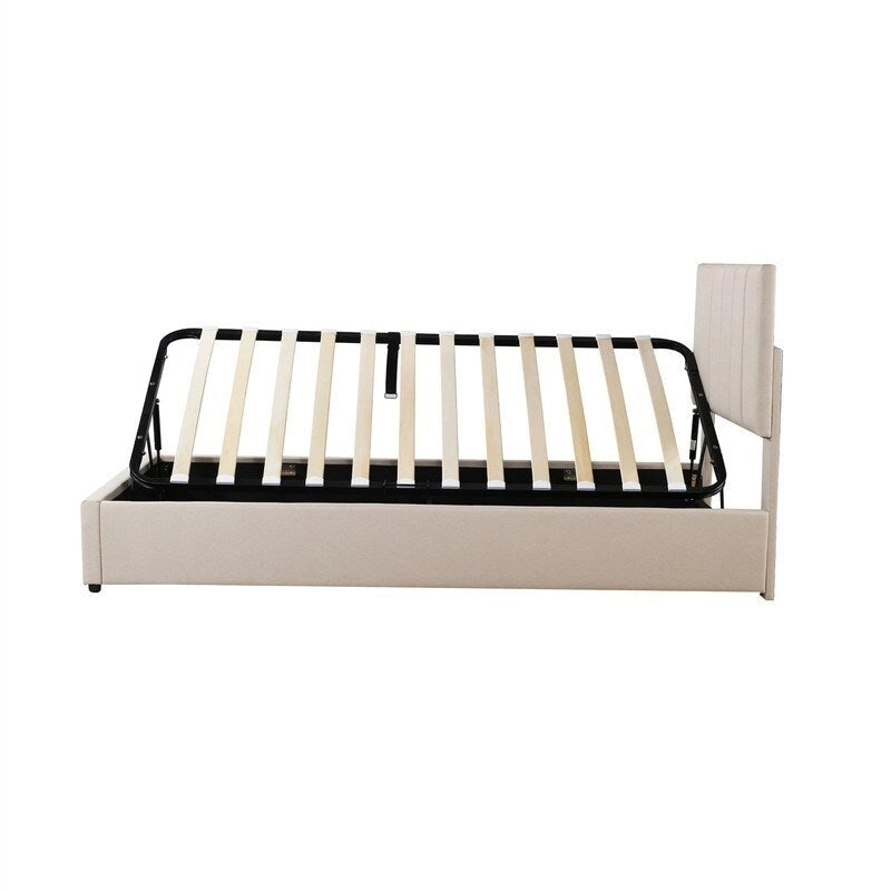 Lit plateforme capitonné double avec rangement relevable hydraulique et tête de lit beige gris