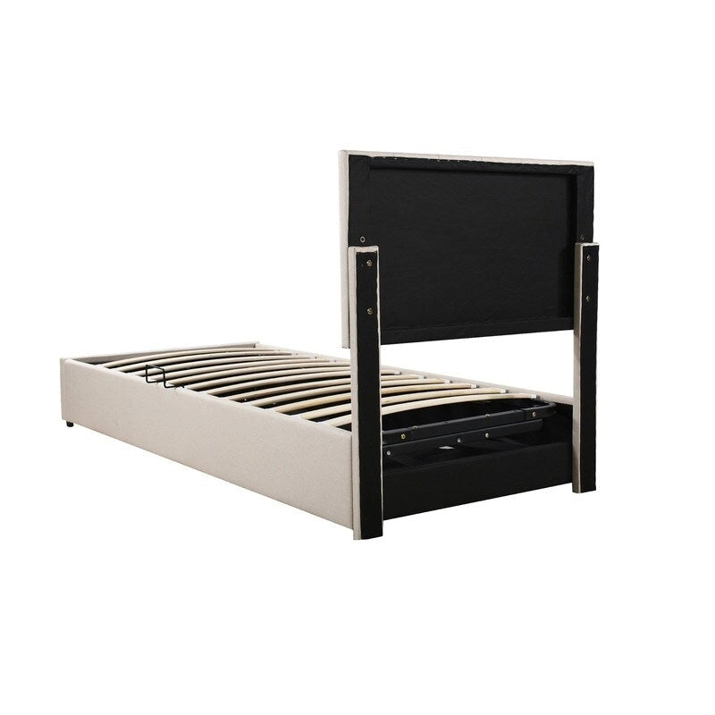 Lit plateforme capitonné double avec rangement relevable hydraulique et tête de lit beige gris