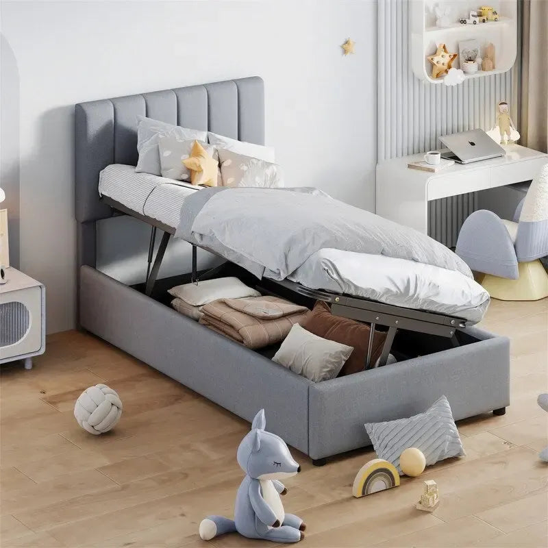 Lit plateforme capitonné double avec rangement relevable hydraulique et tête de lit beige gris