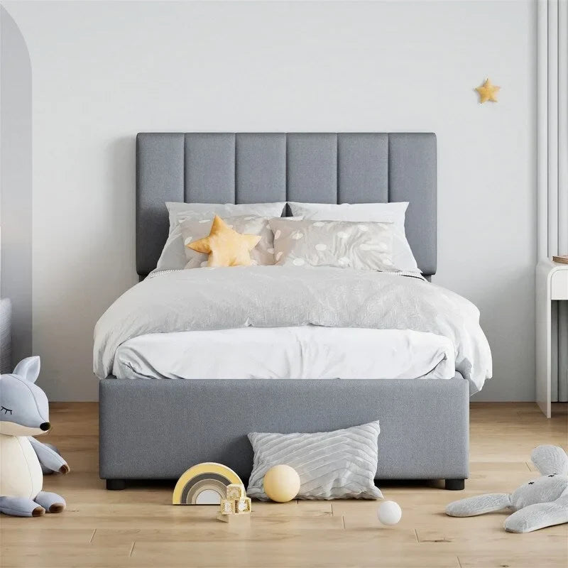 Lit plateforme capitonné double avec rangement relevable hydraulique et tête de lit beige gris