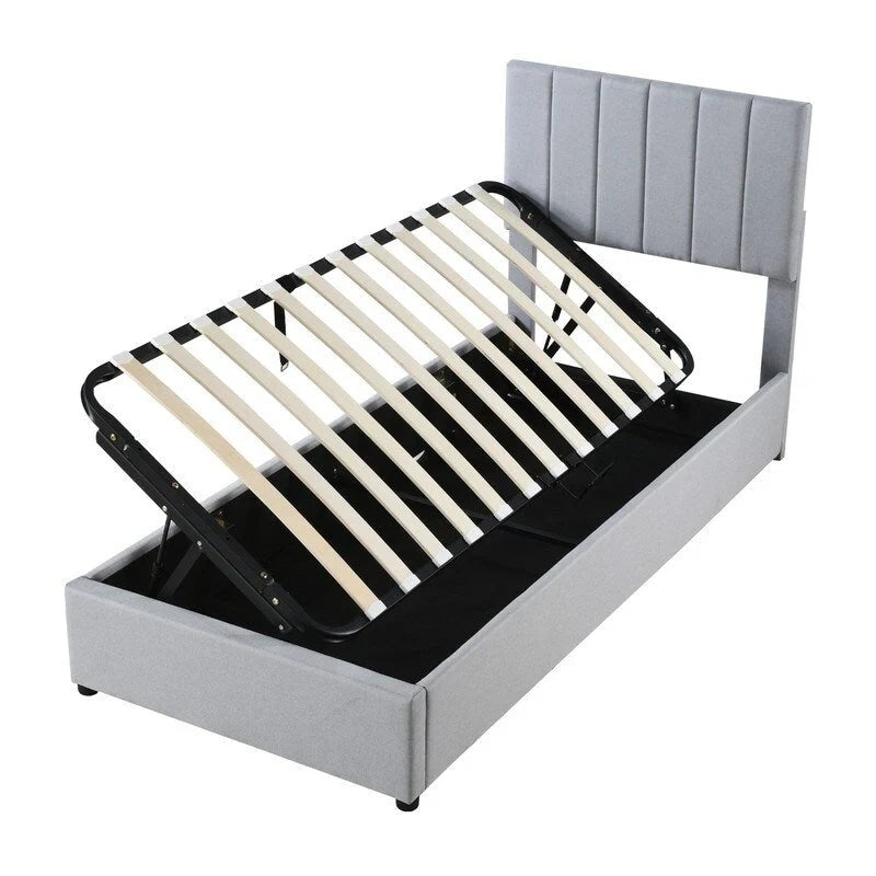 Lit plateforme capitonné double avec rangement relevable hydraulique et tête de lit beige gris