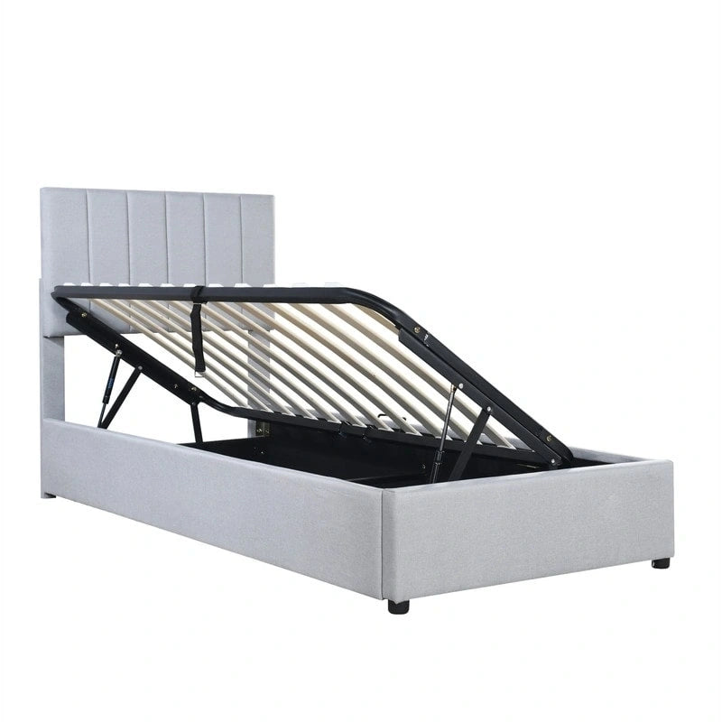 Lit plateforme capitonné double avec rangement relevable hydraulique et tête de lit beige gris