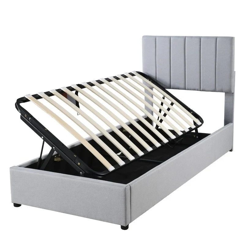 Lit plateforme capitonné double avec rangement relevable hydraulique et tête de lit beige gris