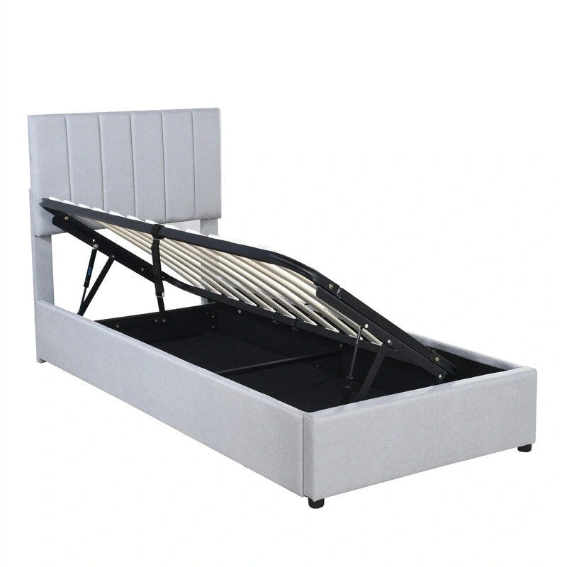 Lit plateforme capitonné double avec rangement relevable hydraulique et tête de lit beige gris