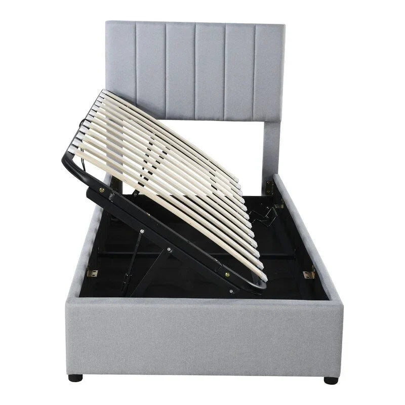Lit plateforme capitonné double avec rangement relevable hydraulique et tête de lit beige gris
