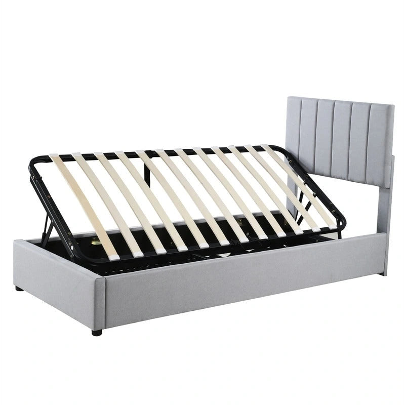 Lit plateforme capitonné double avec rangement relevable hydraulique et tête de lit beige gris