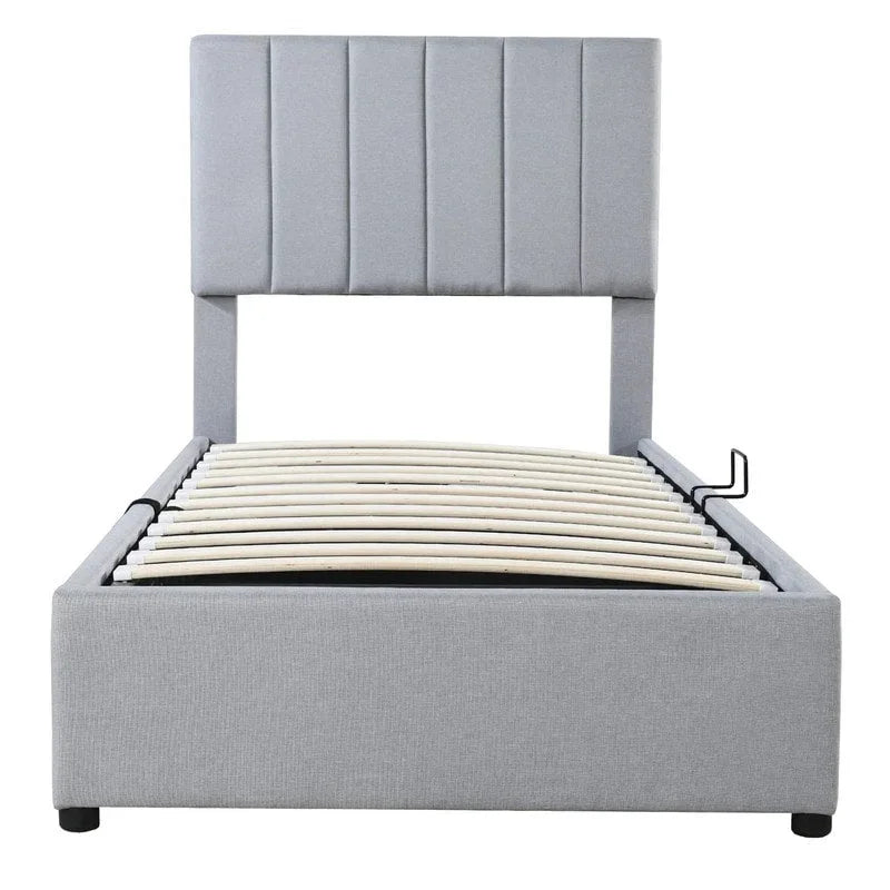 Lit plateforme capitonné double avec rangement relevable hydraulique et tête de lit beige gris