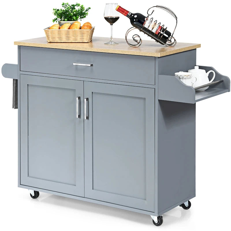 Desserte de cuisine roulante avec tiroir, armoire et porte-épices, marron-gris