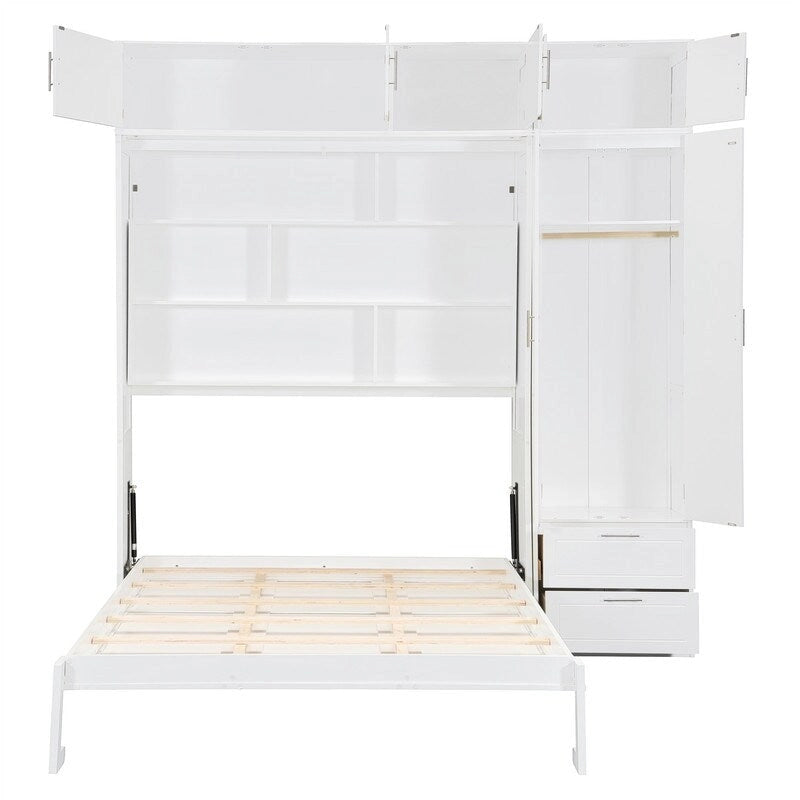 Lit mural escamotable avec armoire, étagères de rangement et tiroirs, Gris