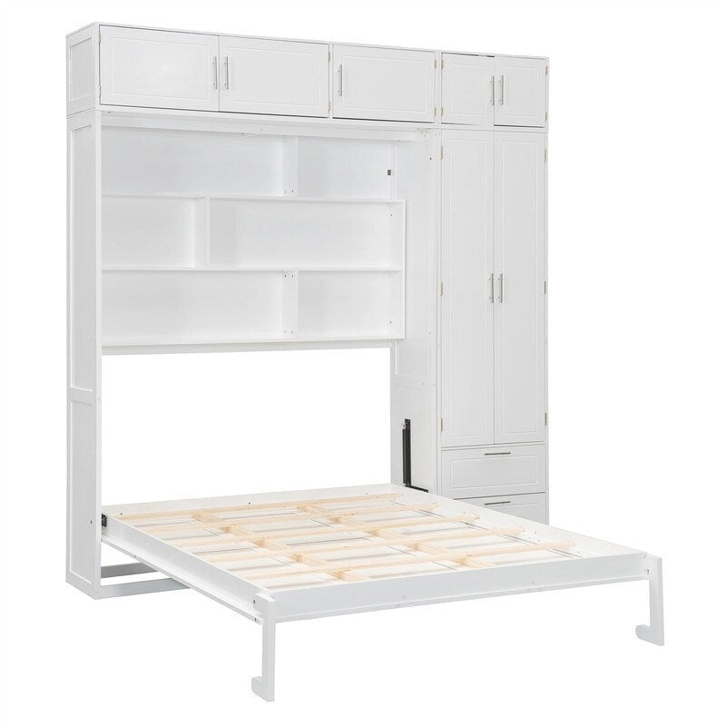 Lit mural escamotable avec armoire, étagères de rangement et tiroirs, Gris