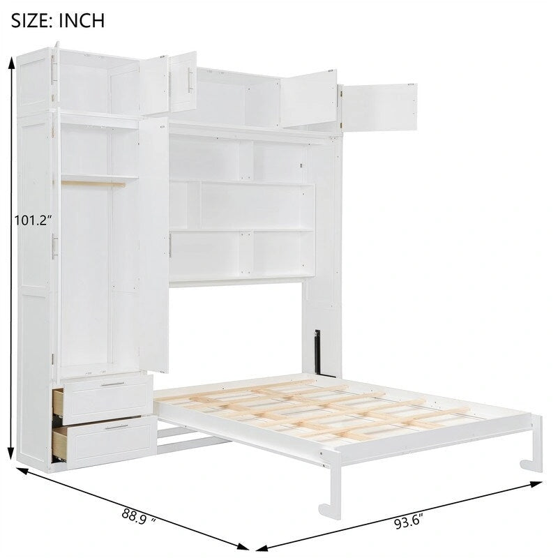 Lit mural escamotable avec armoire, étagères de rangement et tiroirs, Gris
