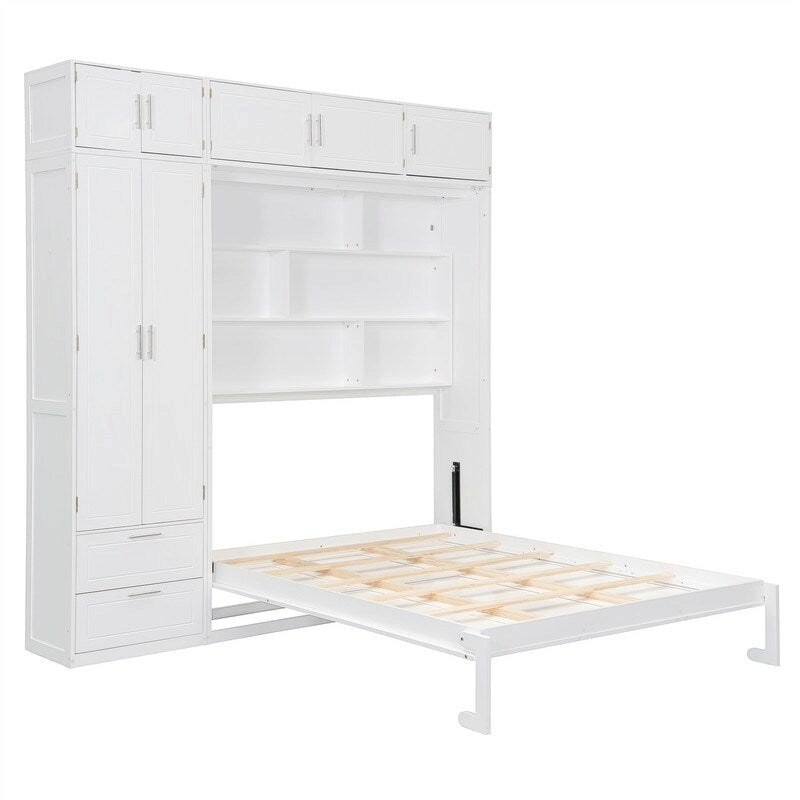 Lit mural escamotable avec armoire, étagères de rangement et tiroirs, Gris